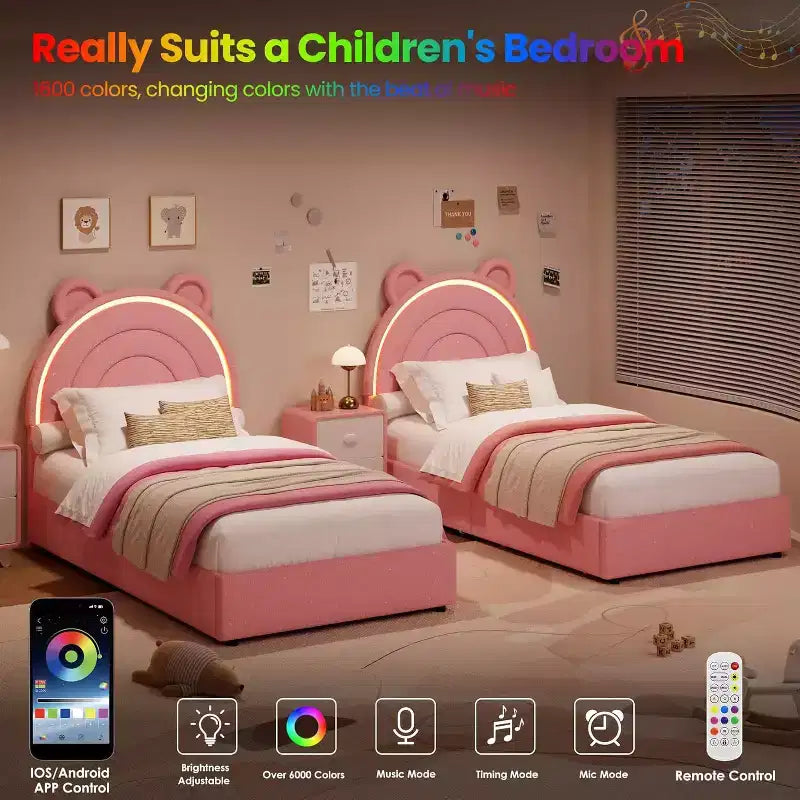 Letto matrimoniale Princess con 4 cassetti contenitori e luce, letto a piattaforma imbottito in velluto, testiera arcobaleno, adatto per bambini, grigio