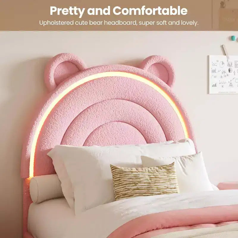 Letto matrimoniale Princess con 4 cassetti contenitori e luce, letto a piattaforma imbottito in velluto, testiera arcobaleno, adatto per bambini, grigio