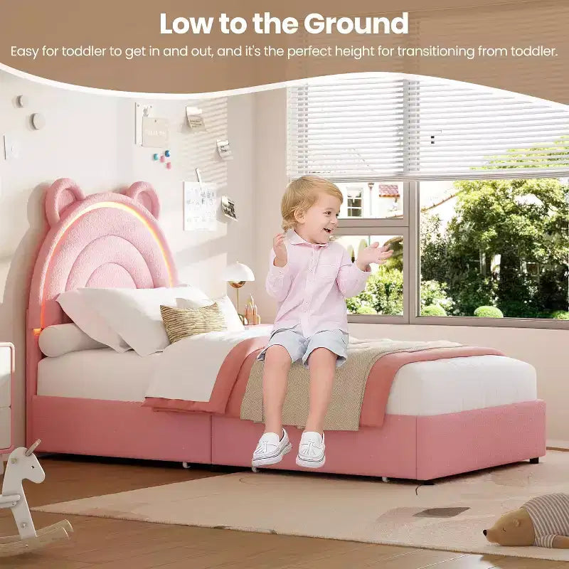 Letto matrimoniale Princess con 4 cassetti contenitori e luce, letto a piattaforma imbottito in velluto, testiera arcobaleno, adatto per bambini, grigio