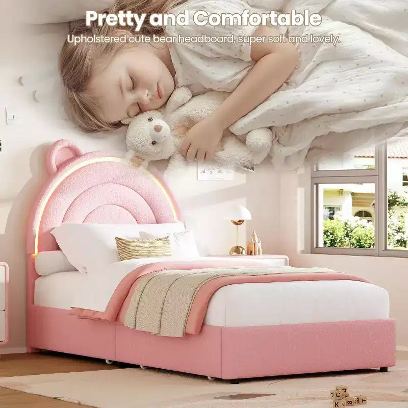 Letto matrimoniale Princess con 4 cassetti contenitori e luce, letto a piattaforma imbottito in velluto, testiera arcobaleno, adatto per bambini, grigio