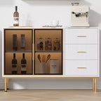 Credenza a buffet con luce a LED, mobile da cucina con 3 cassetti scanalati e ante in vetro, mobiletto credenza con vano contenitore
