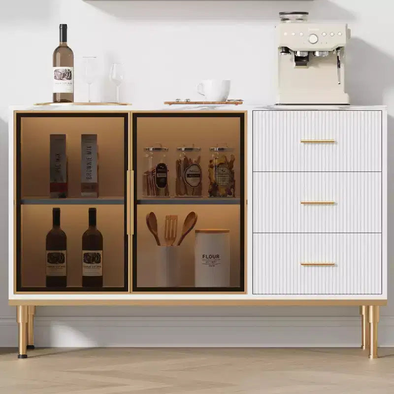 Credenza a buffet con luce a LED, mobile da cucina con 3 cassetti scanalati e ante in vetro, mobiletto credenza con vano contenitore