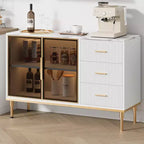 Credenza a buffet con luce a LED, mobile da cucina con 3 cassetti scanalati e ante in vetro, mobiletto credenza con vano contenitore
