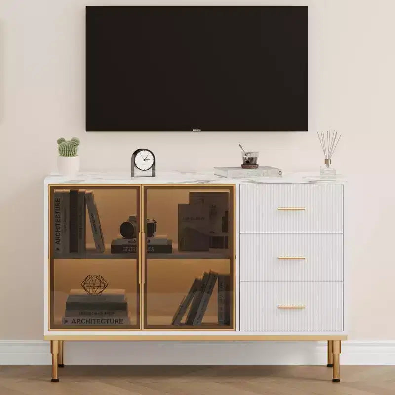 Credenza a buffet con luce a LED, mobile da cucina con 3 cassetti scanalati e ante in vetro, mobiletto credenza con vano contenitore