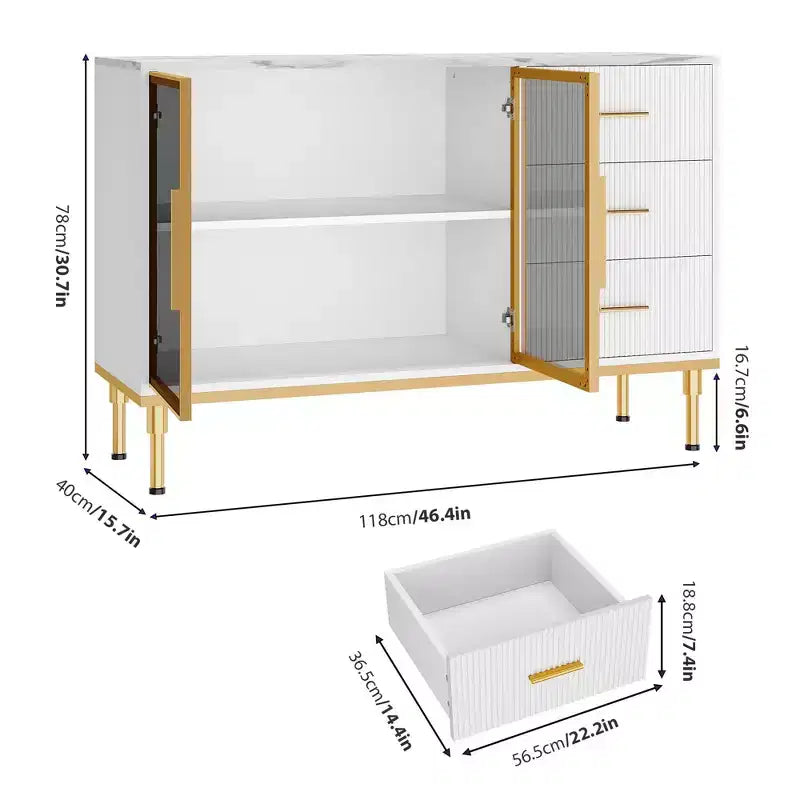 Credenza a buffet con luce a LED, mobile da cucina con 3 cassetti scanalati e ante in vetro, mobiletto credenza con vano contenitore