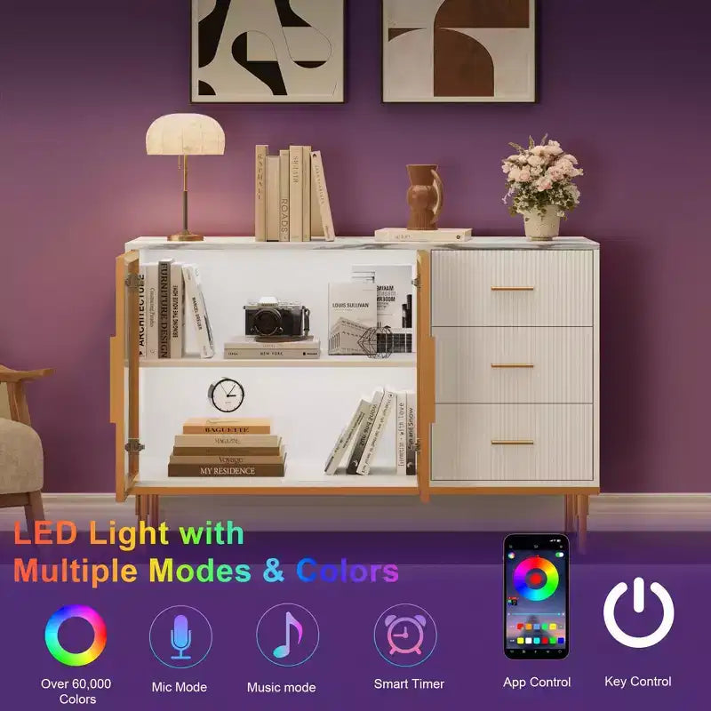 Credenza a buffet con luce a LED, mobile da cucina con 3 cassetti scanalati e ante in vetro, mobiletto credenza con vano contenitore
