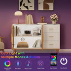 Credenza a buffet con luce a LED, mobile da cucina con 3 cassetti scanalati e ante in vetro, mobiletto credenza con vano contenitore