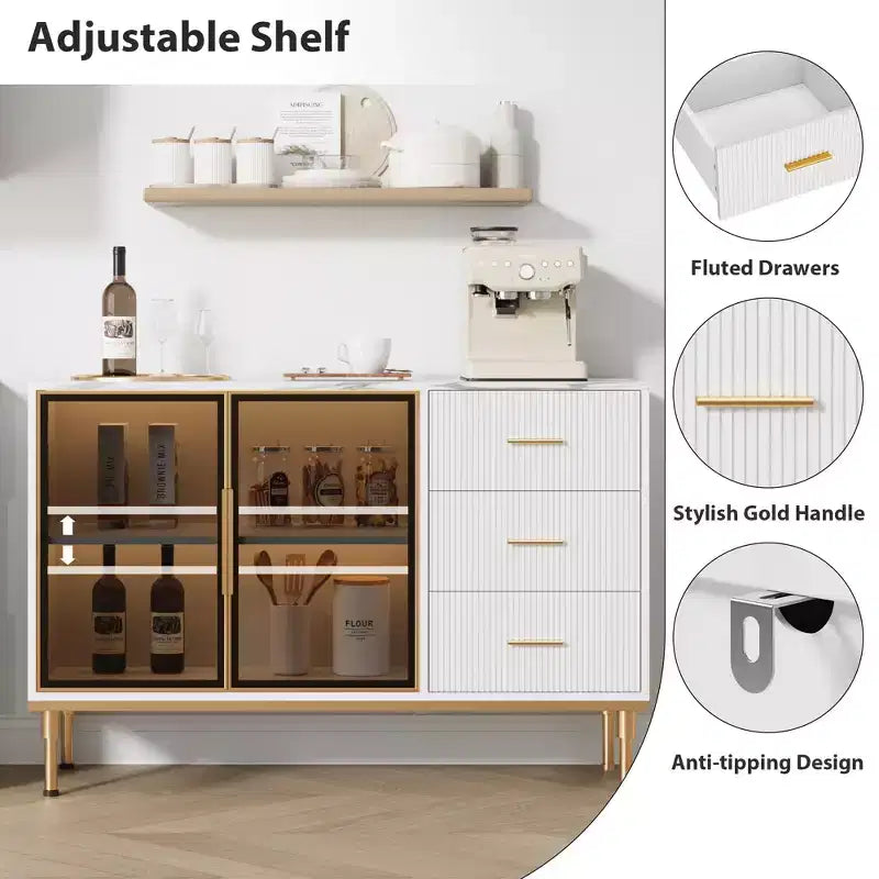 Credenza a buffet con luce a LED, mobile da cucina con 3 cassetti scanalati e ante in vetro, mobiletto credenza con vano contenitore