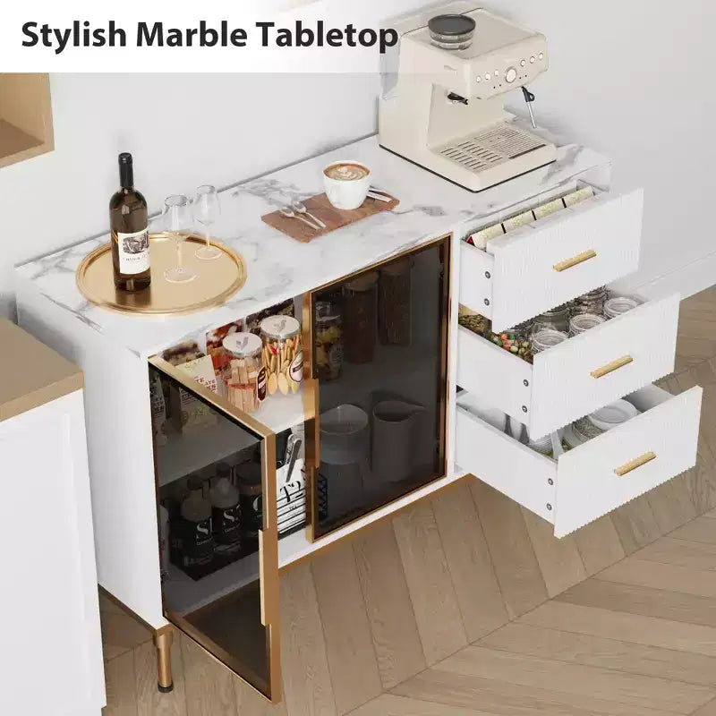 Credenza a buffet con luce a LED, mobile da cucina con 3 cassetti scanalati e ante in vetro, mobiletto credenza con vano contenitore