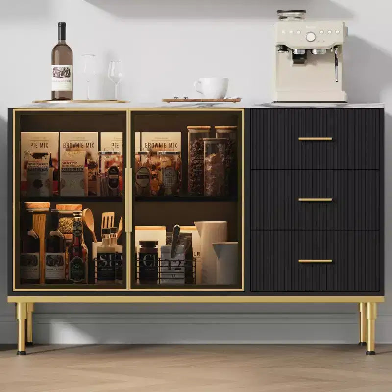 Credenza a buffet con luce a LED, mobile da cucina con 3 cassetti scanalati e ante in vetro, mobiletto credenza con vano contenitore