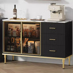 Credenza a buffet con luce a LED, mobile da cucina con 3 cassetti scanalati e ante in vetro, mobiletto credenza con vano contenitore