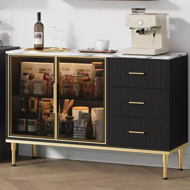 Credenza a buffet con luce a LED, mobile da cucina con 3 cassetti scanalati e ante in vetro, mobiletto credenza con vano contenitore