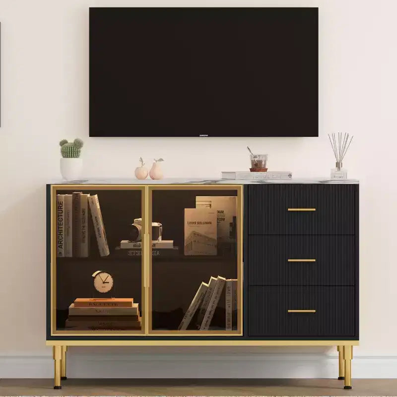 Credenza a buffet con luce a LED, mobile da cucina con 3 cassetti scanalati e ante in vetro, mobiletto credenza con vano contenitore