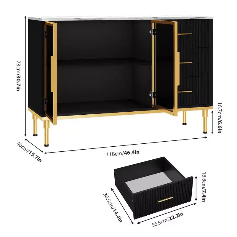 Credenza a buffet con luce a LED, mobile da cucina con 3 cassetti scanalati e ante in vetro, mobiletto credenza con vano contenitore