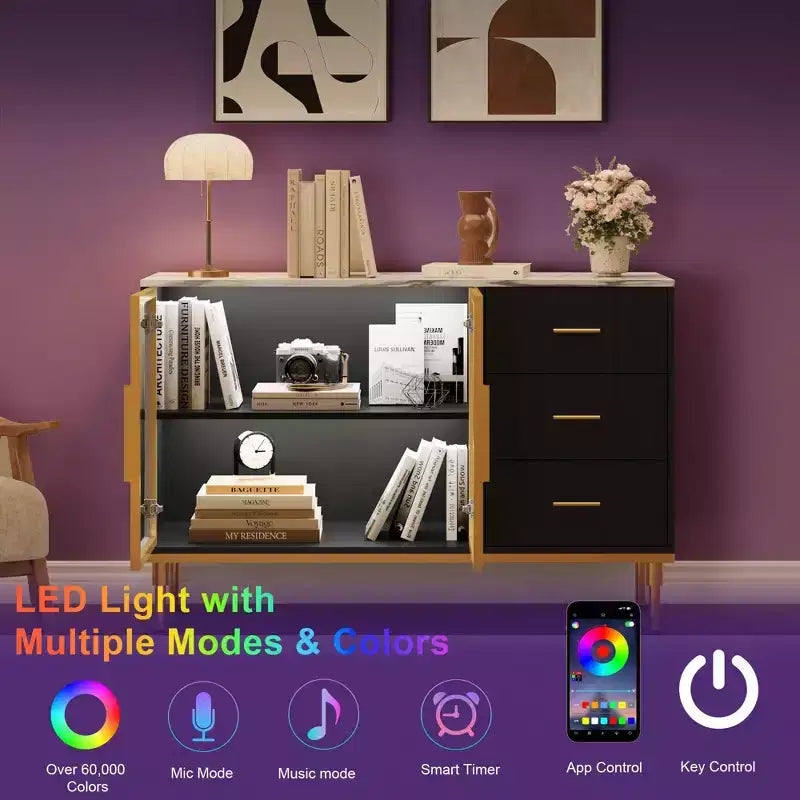 Credenza a buffet con luce a LED, mobile da cucina con 3 cassetti scanalati e ante in vetro, mobiletto credenza con vano contenitore
