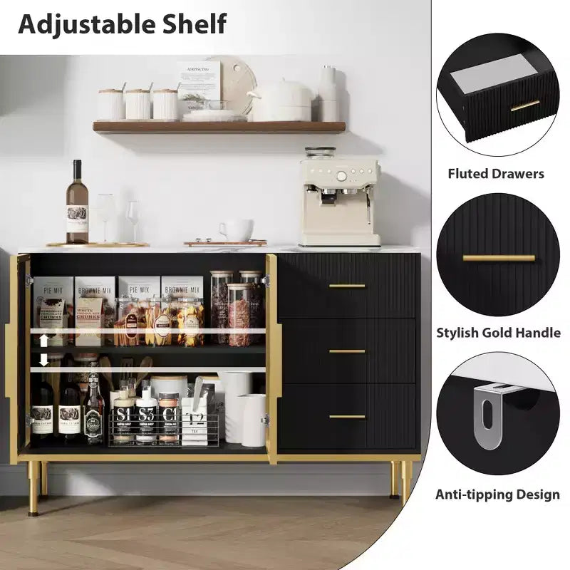Credenza a buffet con luce a LED, mobile da cucina con 3 cassetti scanalati e ante in vetro, mobiletto credenza con vano contenitore