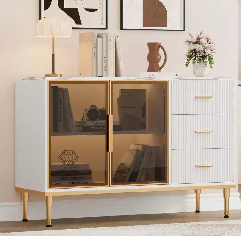Credenza a buffet con luce a LED, mobile da cucina con 3 cassetti scanalati e ante in vetro, mobiletto credenza con vano contenitore
