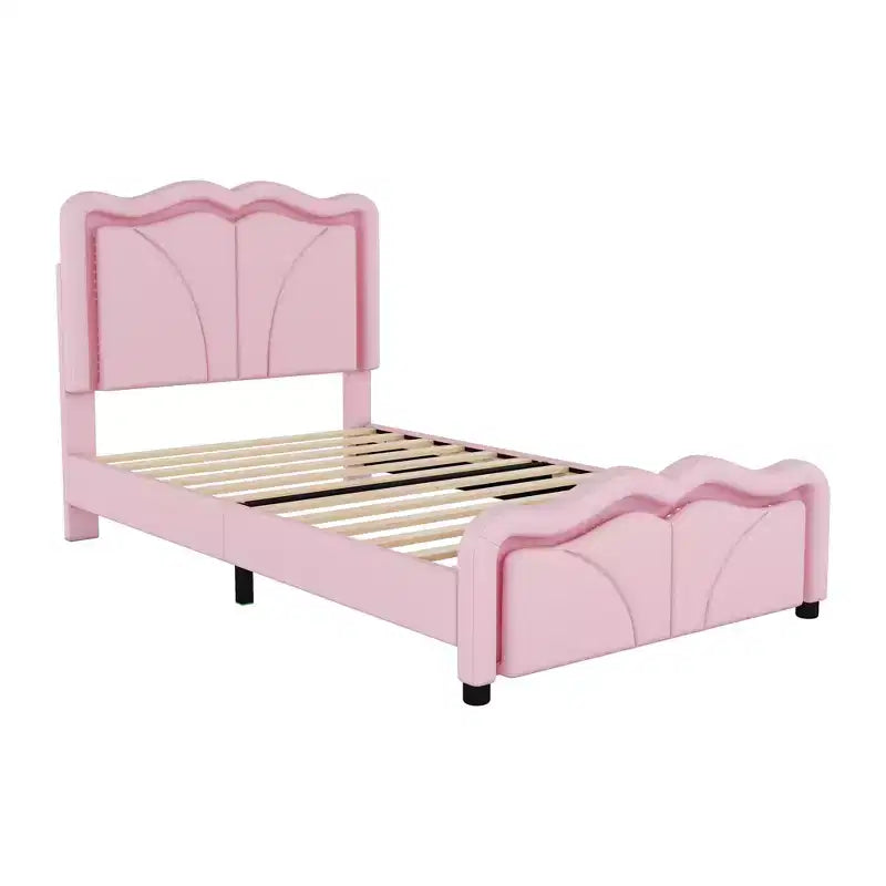Letto imbottito Twin/Full con testiera curva e regolabile in altezza, giroletto in PU con striscia LED