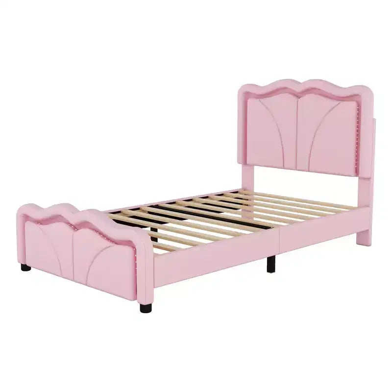 Letto imbottito Twin/Full con testiera curva e regolabile in altezza, giroletto in PU con striscia LED