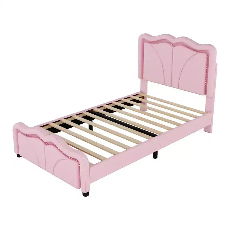 Letto imbottito Twin/Full con testiera curva e regolabile in altezza, giroletto in PU con striscia LED