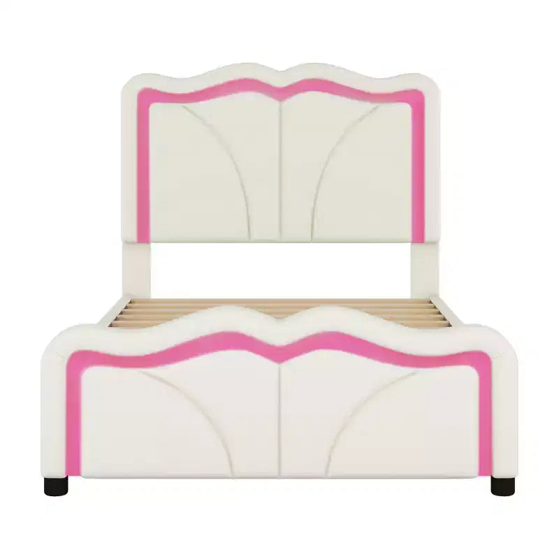 Letto imbottito Twin/Full con testiera curva e regolabile in altezza, giroletto in PU con striscia LED