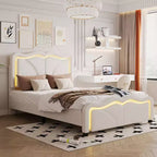Letto imbottito Twin/Full con testiera curva e regolabile in altezza, giroletto in PU con striscia LED
