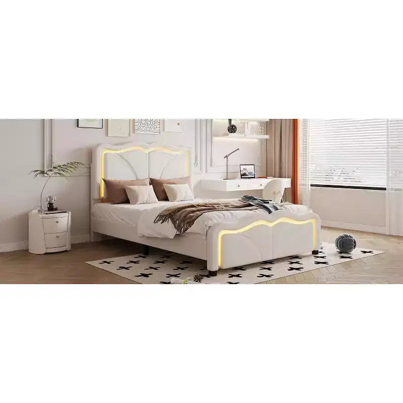Letto imbottito Twin/Full con testiera curva e regolabile in altezza, giroletto in PU con striscia LED