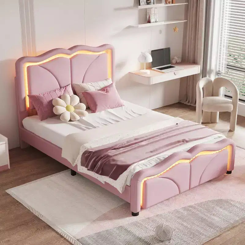 Letto imbottito Twin/Full con testiera curva e regolabile in altezza, giroletto in PU con striscia LED