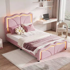 Letto imbottito Twin/Full con testiera curva e regolabile in altezza, giroletto in PU con striscia LED