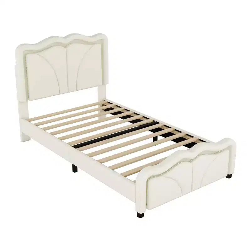 Letto imbottito Twin/Full con testiera curva e regolabile in altezza, giroletto in PU con striscia LED