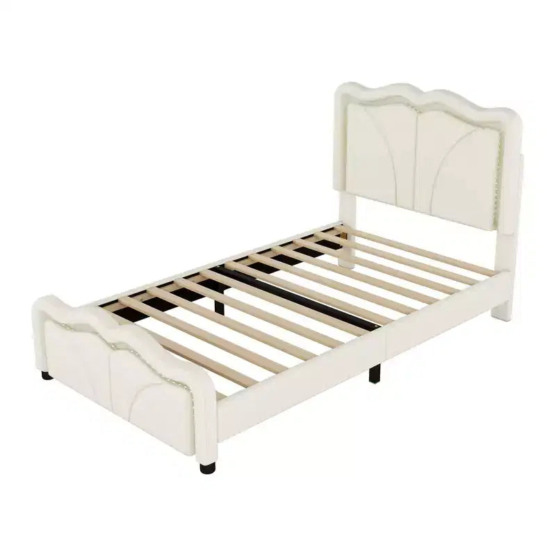 Letto imbottito Twin/Full con testiera curva e regolabile in altezza, giroletto in PU con striscia LED