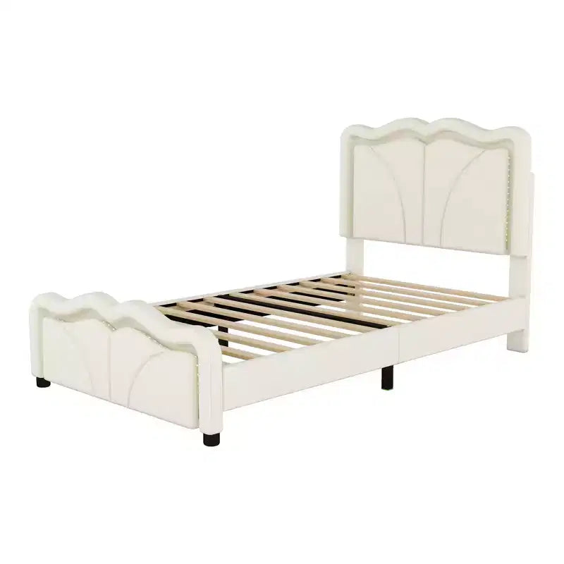 Letto imbottito Twin/Full con testiera curva e regolabile in altezza, giroletto in PU con striscia LED