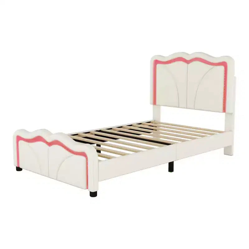 Letto imbottito Twin/Full con testiera curva e regolabile in altezza, giroletto in PU con striscia LED