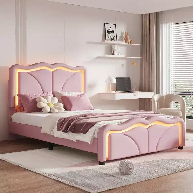 Letto imbottito Twin/Full con testiera curva e regolabile in altezza, giroletto in PU con striscia LED