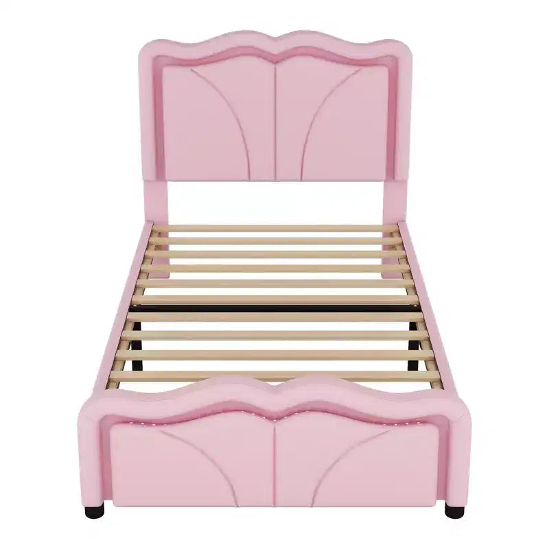 Letto imbottito Twin/Full con testiera curva e regolabile in altezza, giroletto in PU con striscia LED