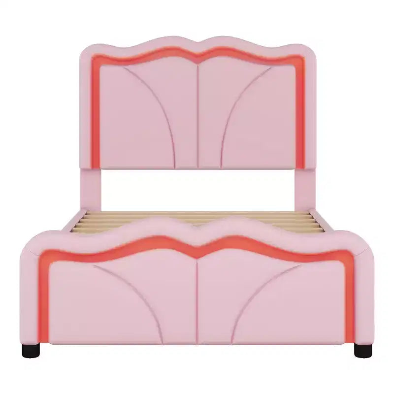 Letto imbottito Twin/Full con testiera curva e regolabile in altezza, giroletto in PU con striscia LED