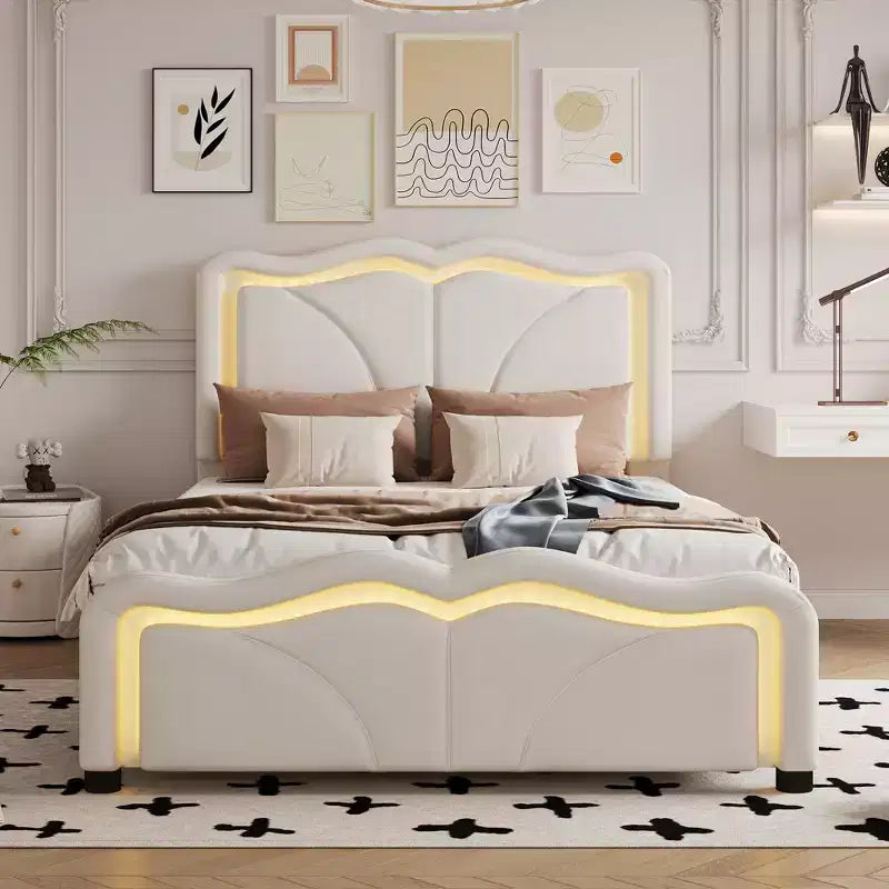 Letto imbottito Twin/Full con testiera curva e regolabile in altezza, giroletto in PU con striscia LED
