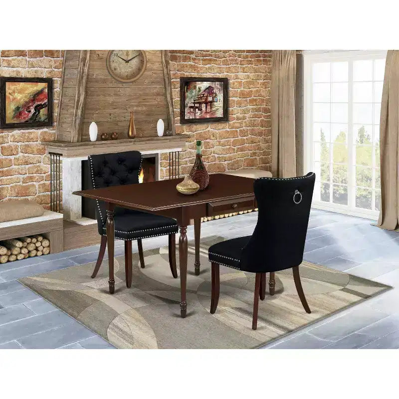 Tavolo da pranzo con piano rettangolare in legno massiccio finitura mogano con prolunga a ribalta (3 pezzi)