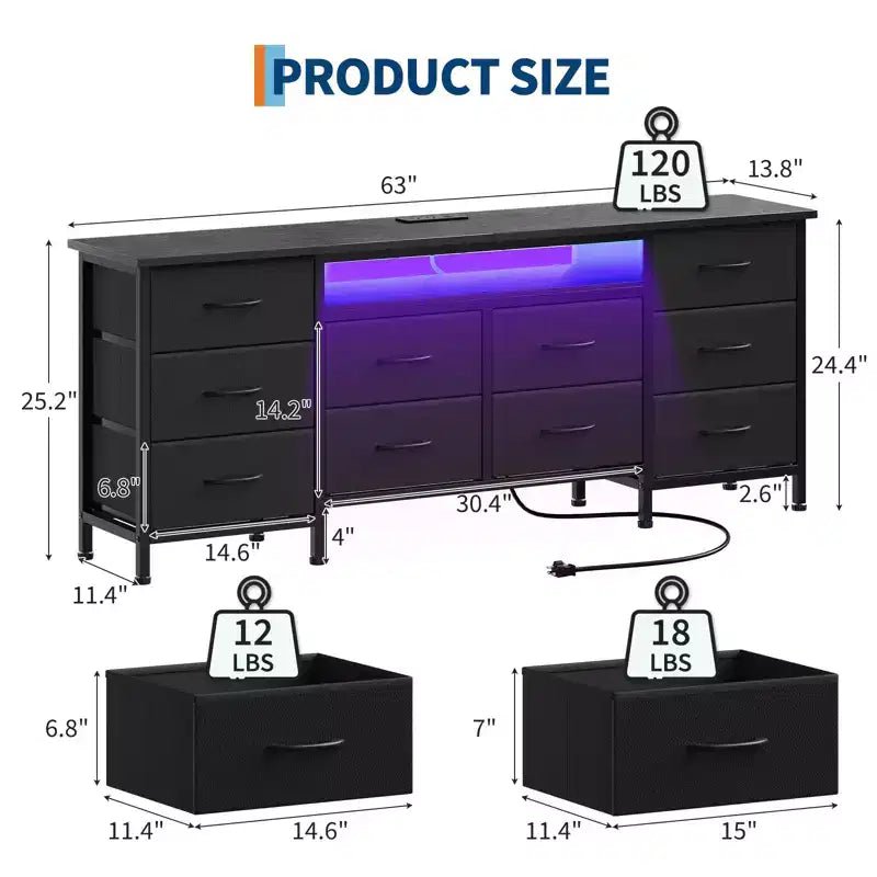 Comò lungo per camera da letto con 10 cassetti in tessuto e presa di corrente e luce LED, mobile TV per TV da 65-75 pollici