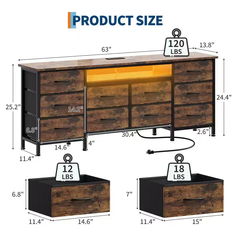 Comò lungo per camera da letto con 10 cassetti in tessuto e presa di corrente e luce LED, mobile TV per TV da 65-75 pollici