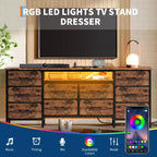 Comò lungo per camera da letto con 10 cassetti in tessuto e presa di corrente e luce LED, mobile TV per TV da 65-75 pollici