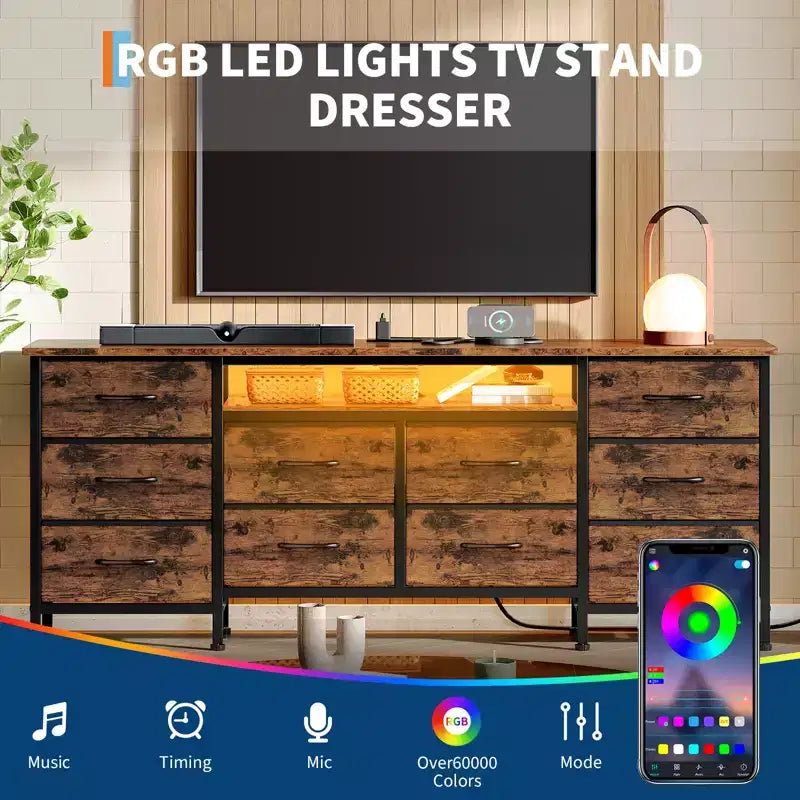 Comò lungo per camera da letto con 10 cassetti in tessuto e presa di corrente e luce LED, mobile TV per TV da 65-75 pollici