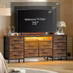 Comò lungo per camera da letto con 10 cassetti in tessuto e presa di corrente e luce LED, mobile TV per TV da 65-75 pollici