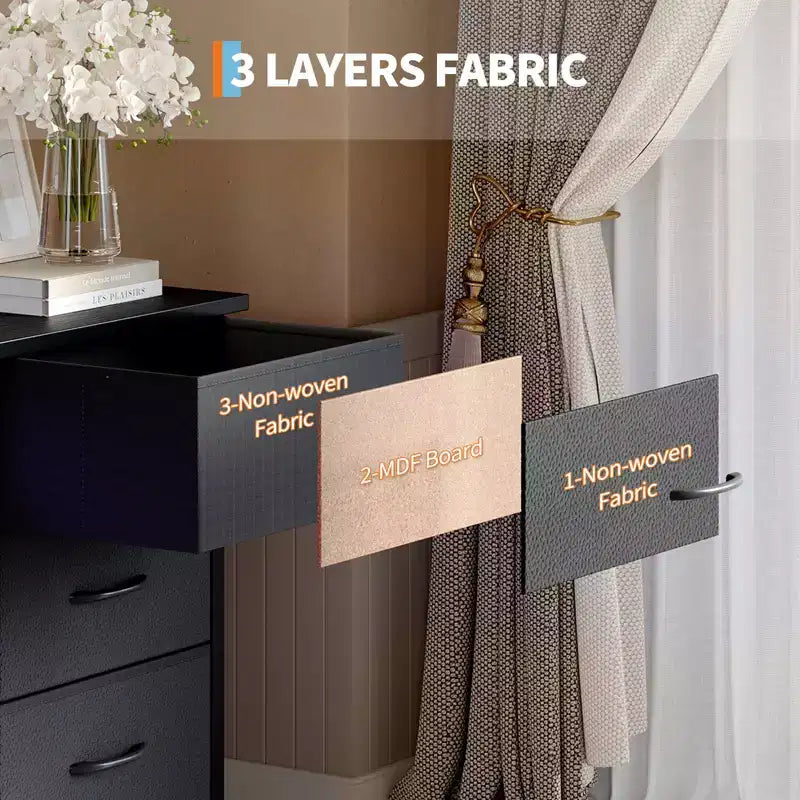 Comò lungo per camera da letto con 10 cassetti in tessuto e presa di corrente e luce LED, mobile TV per TV da 65-75 pollici