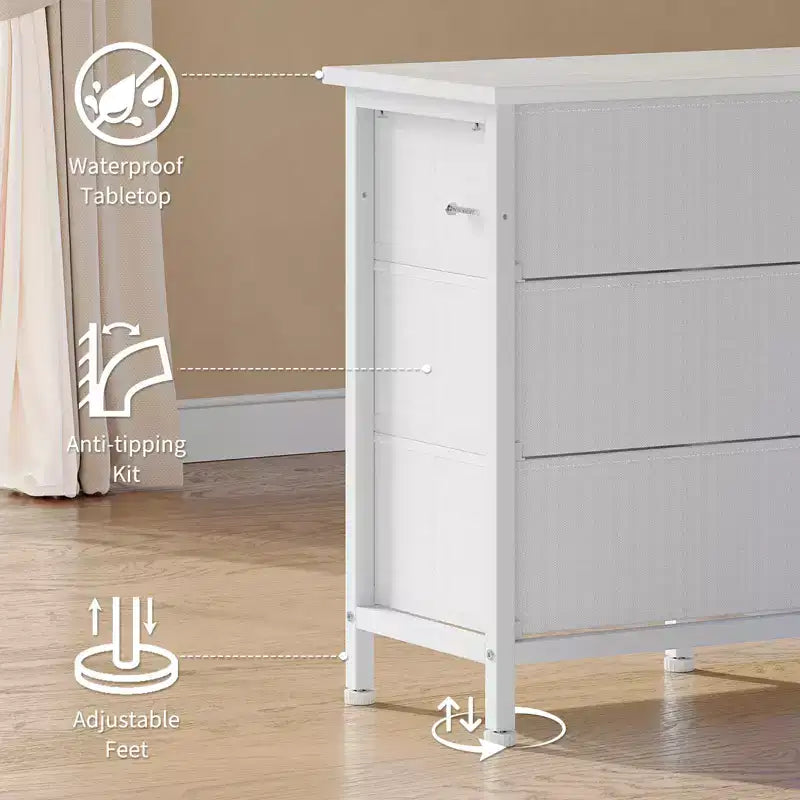 Comò lungo per camera da letto con 10 cassetti in tessuto e presa di corrente e luce LED, mobile TV per TV da 65-75 pollici