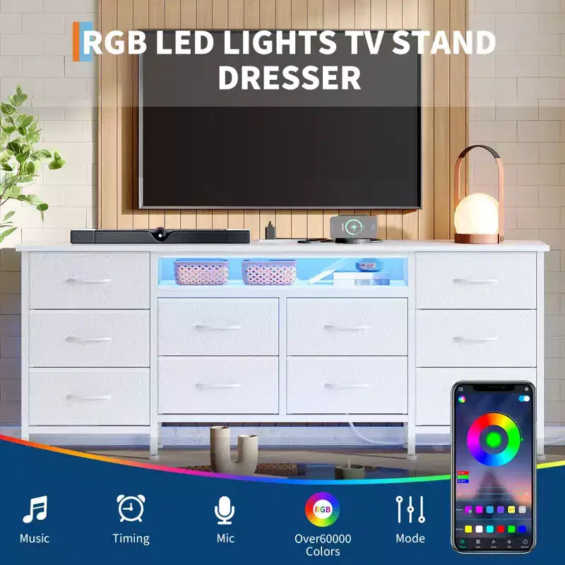 Comò lungo per camera da letto con 10 cassetti in tessuto e presa di corrente e luce LED, mobile TV per TV da 65-75 pollici