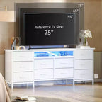 Comò lungo per camera da letto con 10 cassetti in tessuto e presa di corrente e luce LED, mobile TV per TV da 65-75 pollici