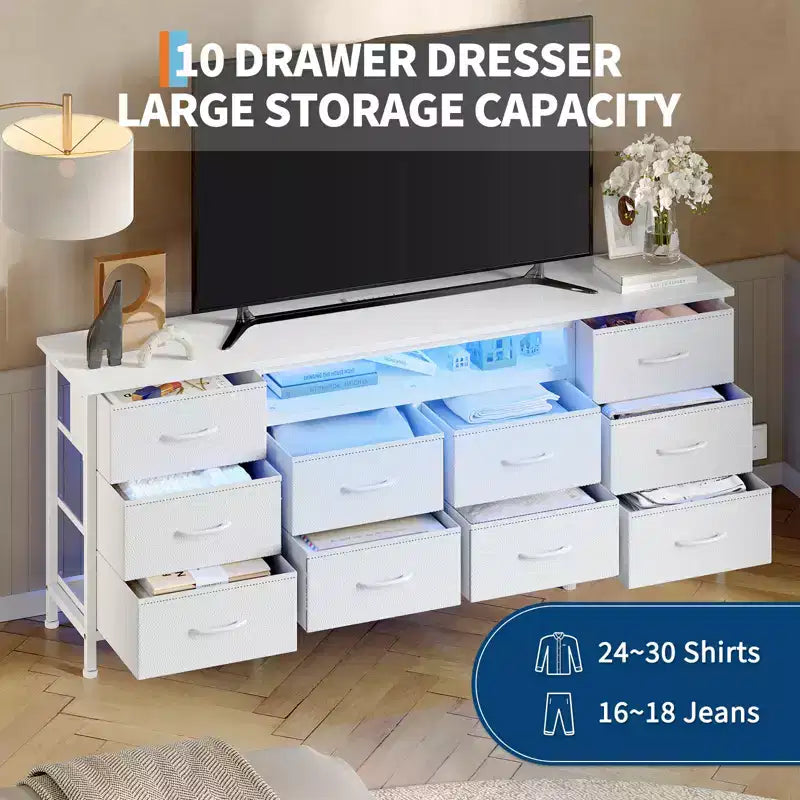 Comò lungo per camera da letto con 10 cassetti in tessuto e presa di corrente e luce LED, mobile TV per TV da 65-75 pollici