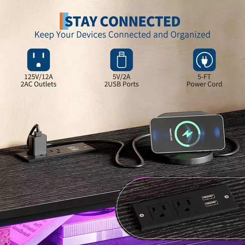 Comò lungo per camera da letto con 10 cassetti in tessuto e presa di corrente e luce LED, mobile TV per TV da 65-75 pollici