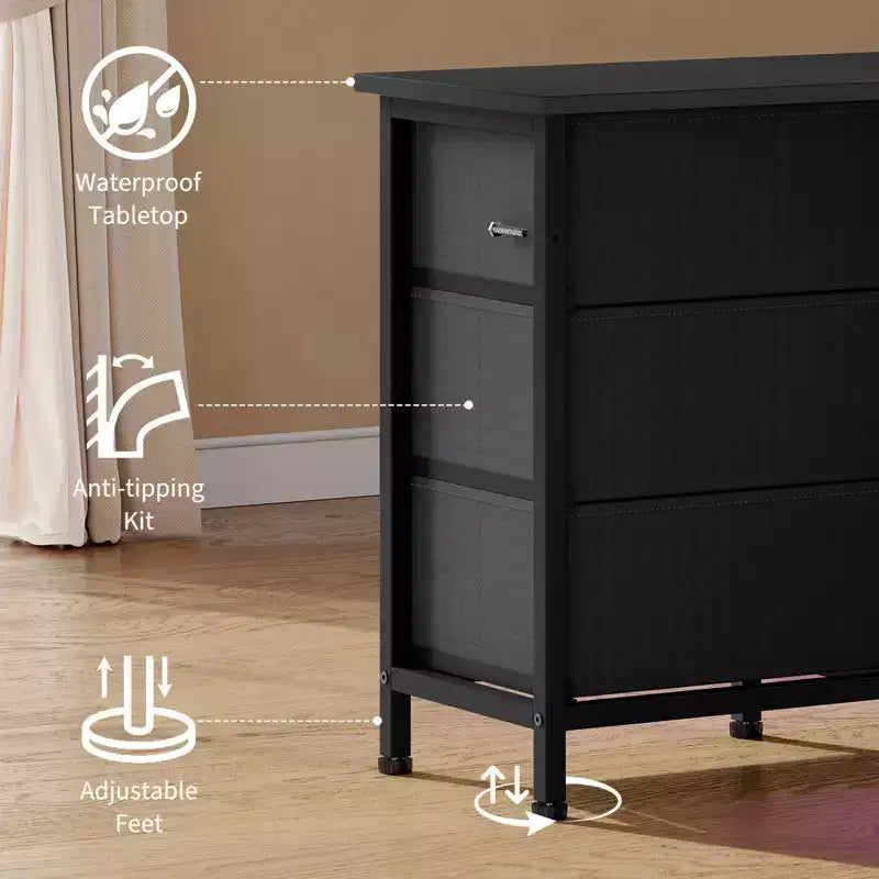 Comò lungo per camera da letto con 10 cassetti in tessuto e presa di corrente e luce LED, mobile TV per TV da 65-75 pollici